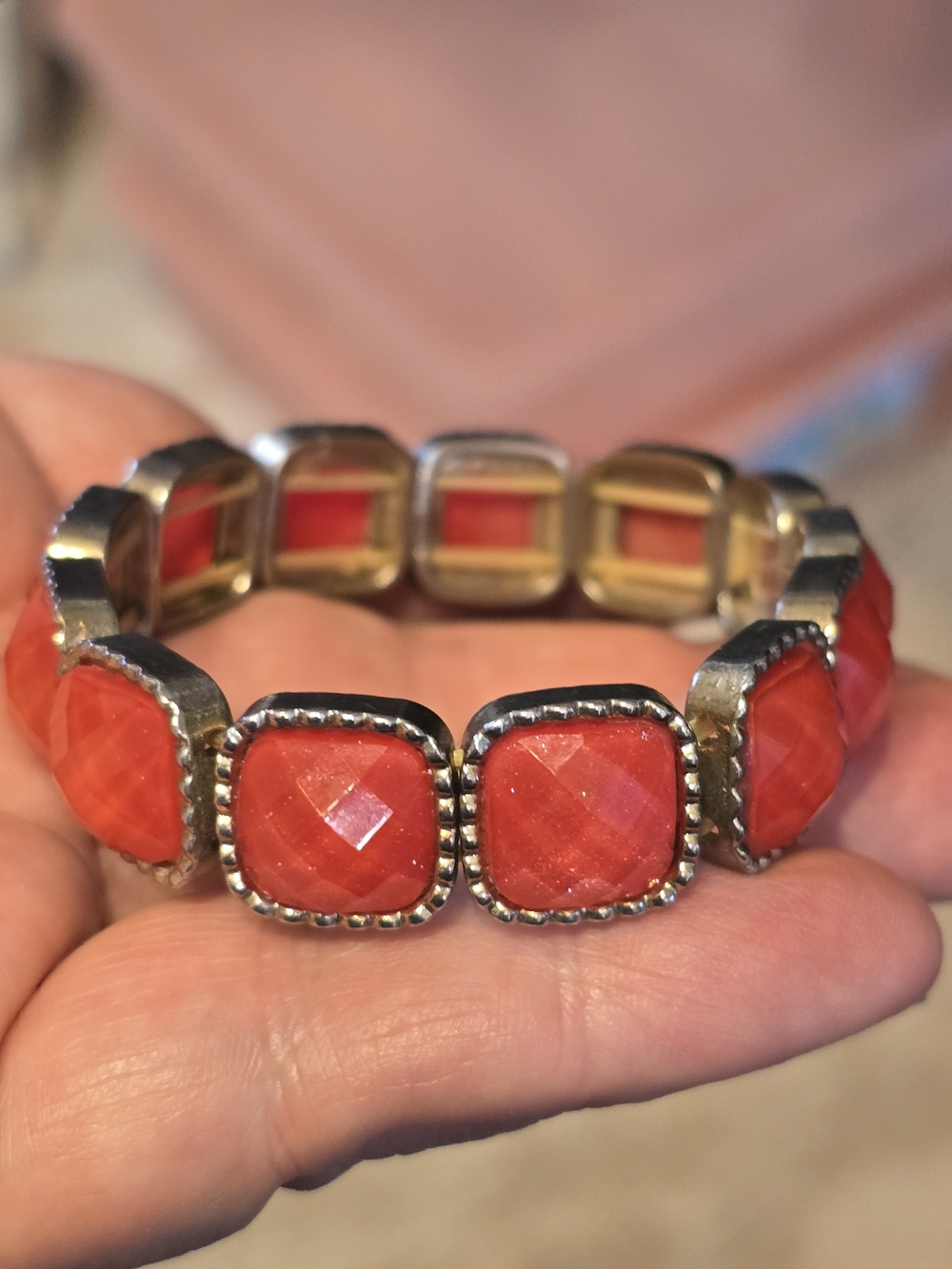 Stretch Red Stone Bracelet with Silver-Tone Accents